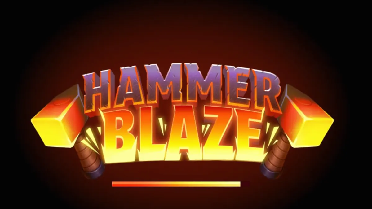 Visual utama slot Hammerblaze dengan tema bengkel dewa Yunani dan grid 7x7 yang membara.