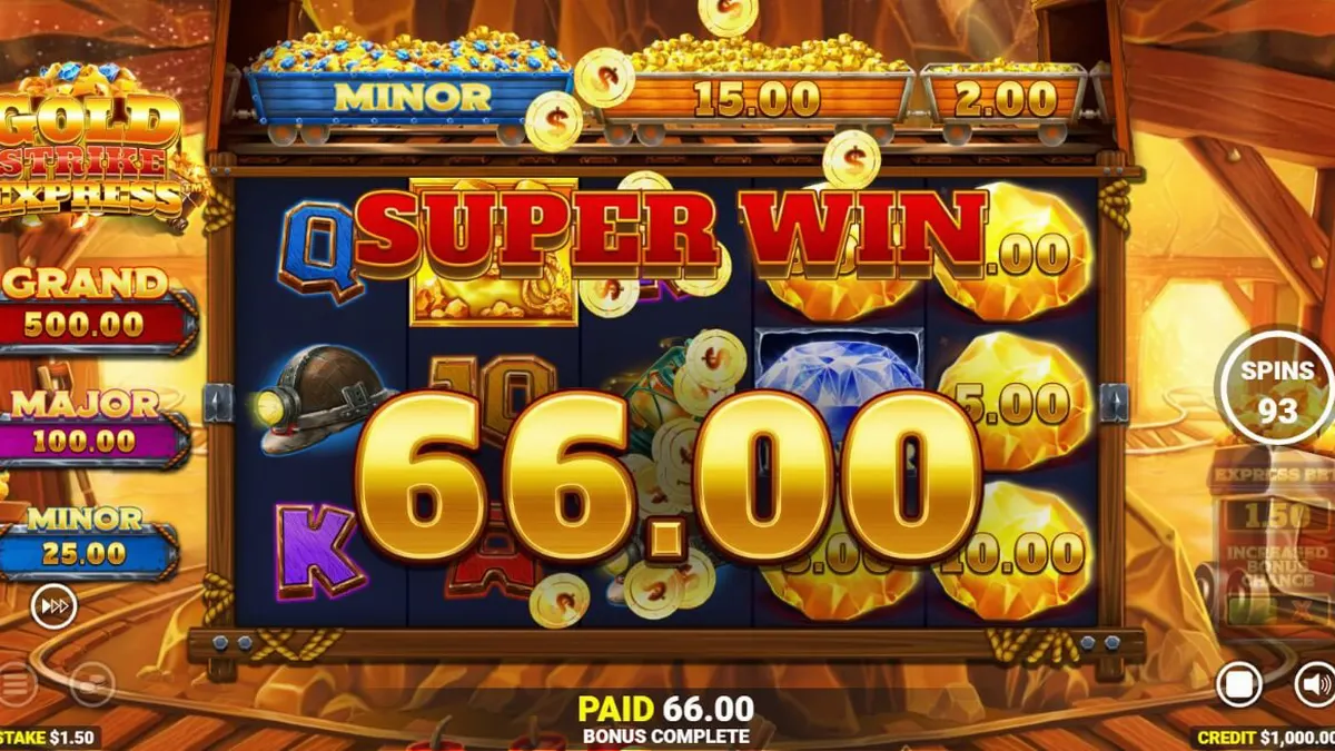 Tampilan visual mesin slot Gold Strike Express dengan tema tambang emas dan jalur kereta api.